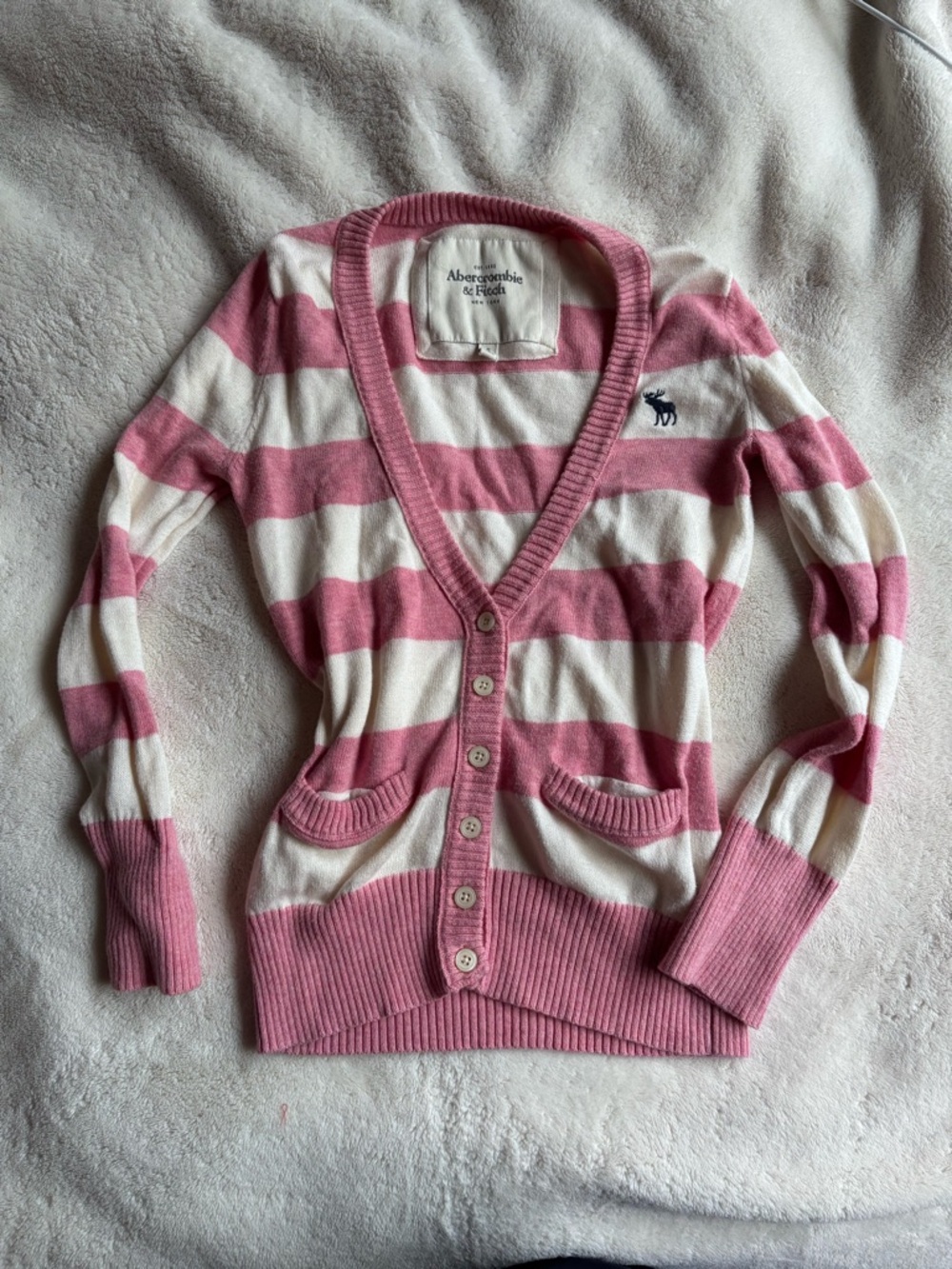 Abercrombie & Fitch Pink and White Striped V-Neck Cardigan
